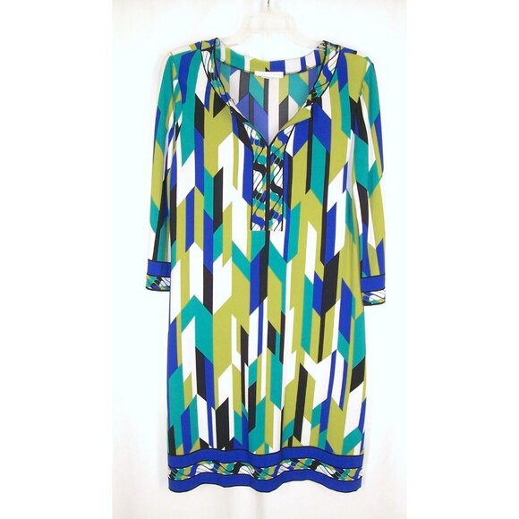 London Times Blue Green Retro Shift Dress 10 Geometric Knit Stretch Vneck - Picture 4 of 7